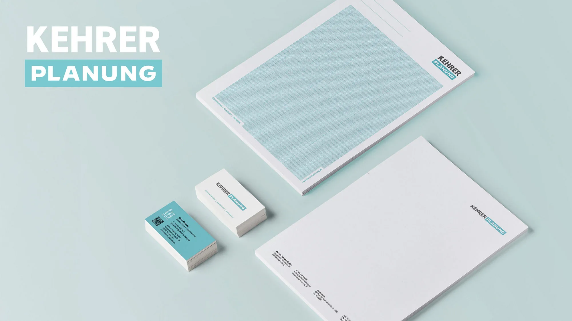 Neues Logo von Kehrer Planung GmbH auf Visitenkarten und Papier